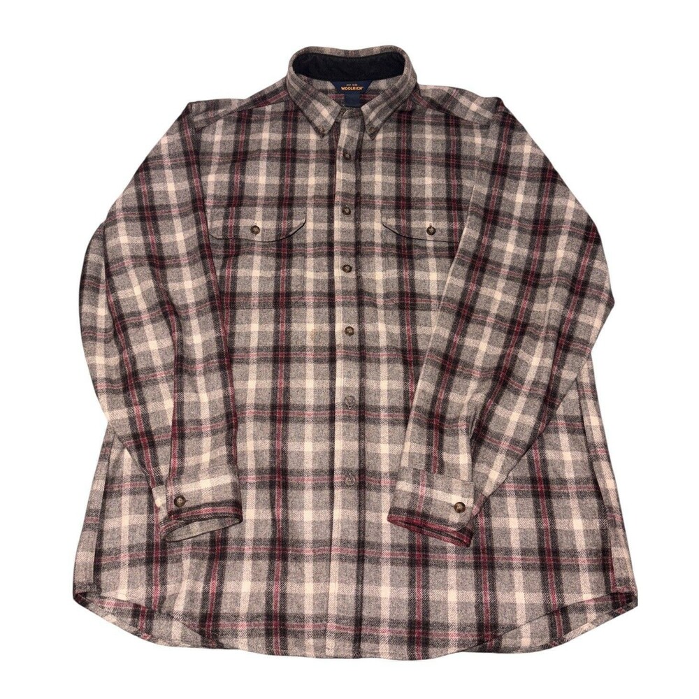 Woolrich Wool Flannel Men's Large Oatmeal Plaid Outdoor Fall Cowboy Western